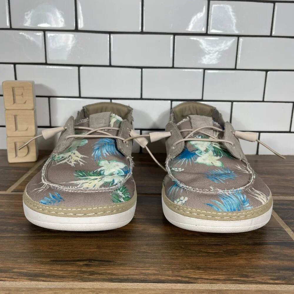 Clarks Higley Tie Mens Size 10 Boat Shoes Sand Floral Canvas Suede Bottle Opener
